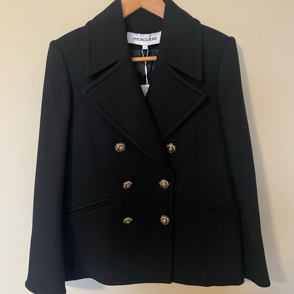 Veronica Beard Black Pea Coat with Gold Buttons